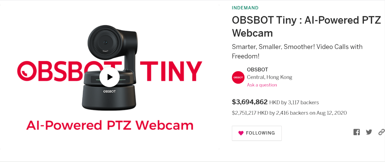 obsbot tiny webcam at indiegogo